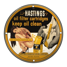 Vintage Porcelain Pin-Up Girl Sign ? Unique Hastings Oil Filter Cartridge Design