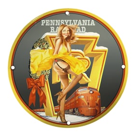 Unique 8-Inch Porcelain Pin-Up Girl Sign ? Vintage Pennsylvania Railroad Art