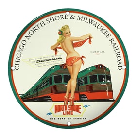 Vintage Porcelain Pin-Up Girl 8-Inch Sign - Chicago North Shore Railroad Collectible