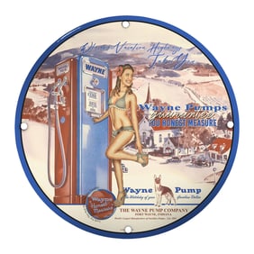 Unique 8-Inch Porcelain Pin-Up Girl Sign Featuring Vintage Wayne Pumps Design
