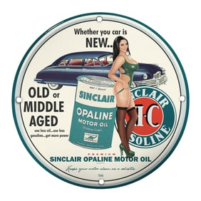 Vintage Porcelain Pin-Up Girl 8-Inch Sign - Sinclair Opaline Motor Oil Retro Art