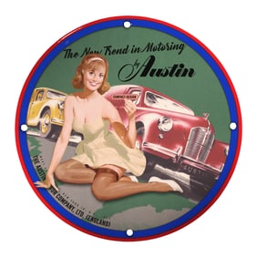 Unique 8-Inch Porcelain Pin-Up Girl Sign ? Vintage Austin Motoring Charm
