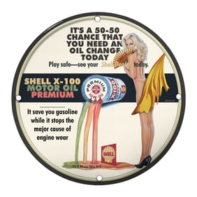 Vintage-Inspired Porcelain Pin-Up Girl Sign - Unique 8-Inch Shell Oil Design