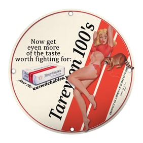 Rare Porcelain 8-Inch Pin-Up Girl Sign - Vintage Tareyton 100's Collectible