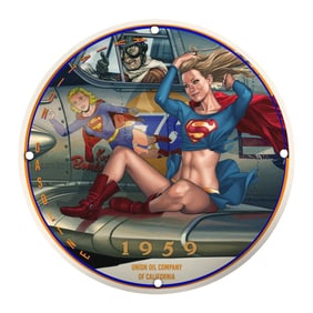 Stunning 1959 Porcelain Pin-Up Girl Sign - Unique Vintage Superhero Design - 8 Inch