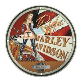 Unique 8-inch Porcelain Pin-Up Girl Sign: Ride a Harley-Davidson Vintage Art