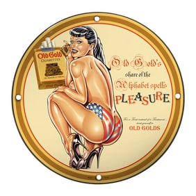 Vintage 8-Inch Porcelain Pin-Up Girl Sign - Old Gold Cigarettes Design