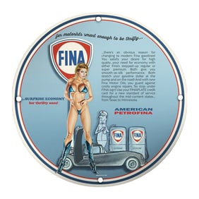 Unique 8-Inch Porcelain Pin-Up Girl Sign ? Vintage FINA Gasoline Design
