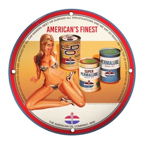 Unique 8-Inch Porcelain Pin-Up Girl Sign - Vintage American Oil Company Design