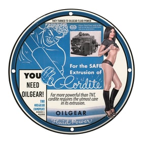 Unique Porcelain Pin-Up Girl Sign - Vintage Oilgear Fluid Power Art (8 inches)