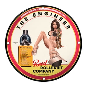 Unique 8 Inch Porcelain Pin-Up Girl Sign ? Vintage Reed Rollerbit Company Collectible