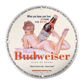 Vintage Porcelain Pin-Up Girl Sign - 8 Inch Budweiser Collectible Decor