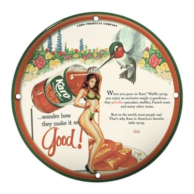 Vintage Porcelain Pin-Up Girl Sign - Karo Waffle Syrup - Unique 8-Inch Collectible