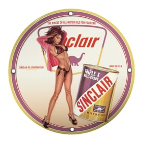 Vintage Porcelain Pin-Up Girl Sign ? Unique Sinclair Oil Design ? 8 Inch Collectible