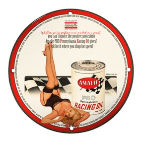 Unique 8-Inch Porcelain Pin-Up Girl Sign ? Classic Amalie Racing Oil Design