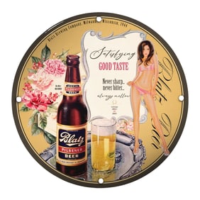Vintage 1944 Blatz Pilsener Beer Pin-Up Girl Porcelain Sign - Unique 8-Inch Decor