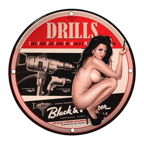 Vintage Porcelain 8-Inch Pin-Up Girl Sign: Unique Drill Advertisement Artwork