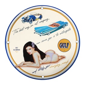 Vintage Porcelain 8-Inch Pin-Up Girl Sign with Classic Cars - Gulf Oil Company Memorabilia