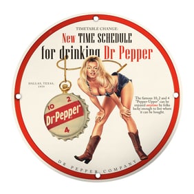 Vintage 1959 Dr Pepper Pin-Up Girl Porcelain Sign - Timetable Change 8" Unique Design