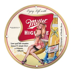 Stunning 8-Inch Porcelain Pin-Up Girl Sign - Vintage Miller High Life Design