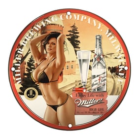 Unique 8-Inch Porcelain Pin-Up Girl Sign - Vintage Miller Brewing Art