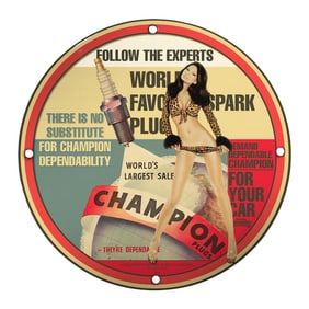 Vintage Porcelain 8-Inch Pin-Up Girl Sign - Champion Spark Plugs Design