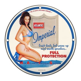 Unique 8-Inch Porcelain Pin-Up Girl Sign - Atlantic Imperial Gasoline Vintage Decor