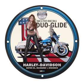 Vintage 1964 Harley-Davidson Duo-Glide Pin-Up Girl 8-Inch Porcelain Sign - Unique Decor
