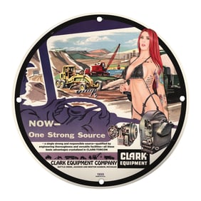 Vintage Porcelain Pin-Up Girl Sign - Unique 8-Inch Clark Equipment Memorabilia