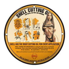 Vintage Porcelain Pin-Up Girl Sign - Unique 8-Inch Shell Cutting Oil Design