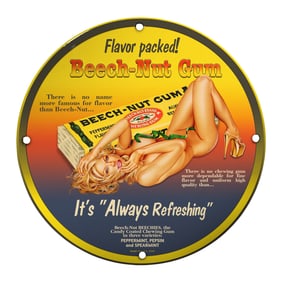 Vintage Porcelain 8-Inch Beech-Nut Gum Pin-Up Girl Sign ? Unique Retro Design for Collectors