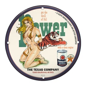 Vintage Porcelain Pin-Up Girl Sign - Unique 8-Inch Texaco Power Design