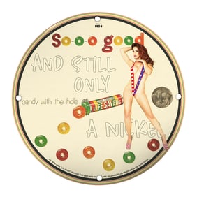 Vintage Pin-Up Girl Porcelain Sign - Unique 1954 Life Savers Design, 8 Inch Round