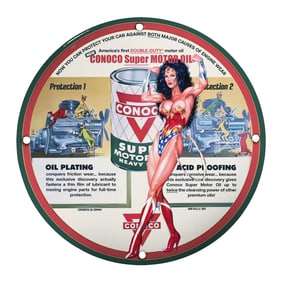 Unique 8-Inch Porcelain Pin-Up Girl Sign - Vintage CONOCO Super Motor Oil Art