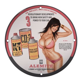 Porcelain ALEMITE Pin-Up Girl Sign: Vintage Charm with Style - 8 Inch Unique Design