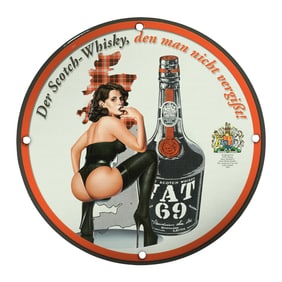 Unique 8-Inch Porcelain Pin-Up Girl Sign Featuring Classic Scotch Whisky Design