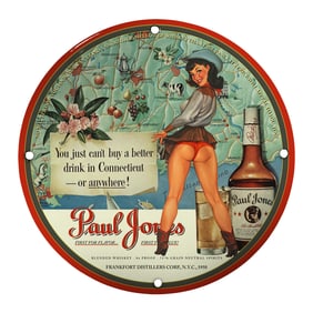 Unique Porcelain Pin-Up Girl Sign - Vintage Paul Jones Whiskey Memorabilia (8 inch)