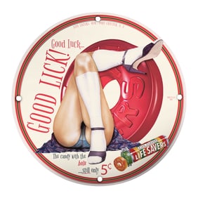 Vintage 8-Inch Porcelain Pin-Up Girl Sign - Good Luck Life Savers Collectible Art