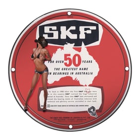 Unique 8-Inch Porcelain Pin-Up Girl Sign - Vintage SKF Advertisement