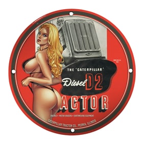 Unique 8-Inch Porcelain Pin-Up Girl Sign Featuring Caterpillar Diesel D2 Artwork