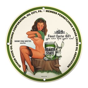Rare Porcelain Pin-Up Girl Sign - 8 Inch Vintage Quaker State Motor Oil Art