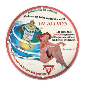 Vintage 1953 Conoco Pin-Up Girl Porcelain 8-Inch Collectible Sign - Unique Oil Ad D?cor