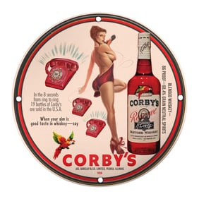 Vintage Porcelain Pin-Up Girl Sign - Unique 8-Inch Corby's Whiskey Collectible