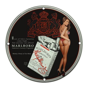 Unique Porcelain Pin-Up Girl 8-Inch Sign - Vintage Marlboro Design
