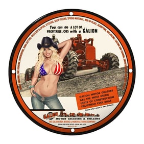 Unique 8-Inch Porcelain Sign Featuring Vintage Pin-Up Girl and Galion Motor Graders