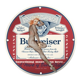 Unique Vintage Porcelain Pin-Up Girl 8-Inch Sign - Budweiser Lager Beer Collectible
