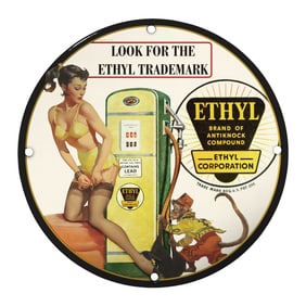Vintage Porcelain 8-Inch Sign Featuring Unique Pin-Up Girl Design - Ethyl Corporation
