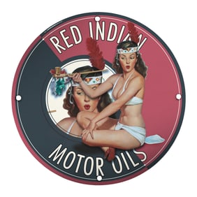 Vintage Porcelain 8-Inch Pin-Up Girl Sign - Unique Red Indian Motor Oils Design