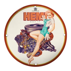 Unique 8-Inch Porcelain Pin-Up Girl Sign - Vintage Chrysler HEMI Design