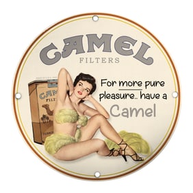 Vintage Porcelain Pin-Up Girl Sign - Unique 8-Inch Camel Filters Decor